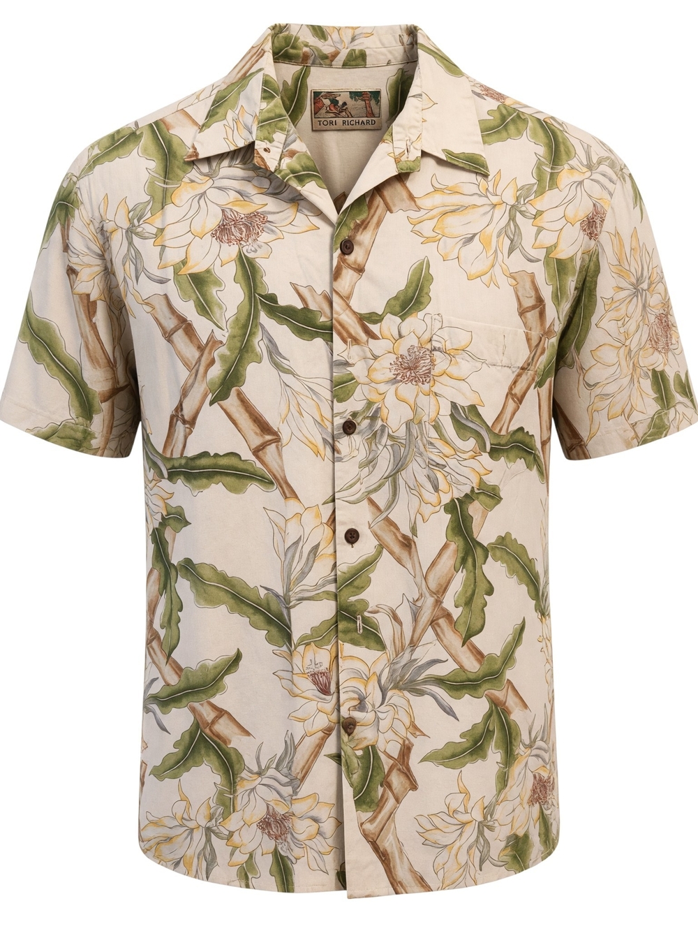 Tori Richard Beige Floral Short-Sleeve Camp Shirt with Green Leaves. Sz. L